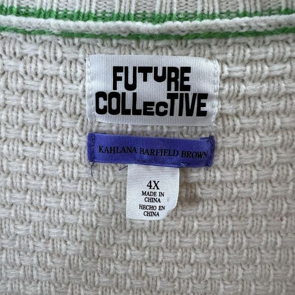 Future Collective Women’s Wool Blend Cardigan Size 4X Cream Green Varsity Preppy - Picture 4 of 8
